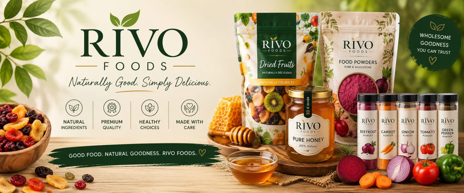 Rivo Foods dried fruits, pure honey and food powders arranged with fresh produce